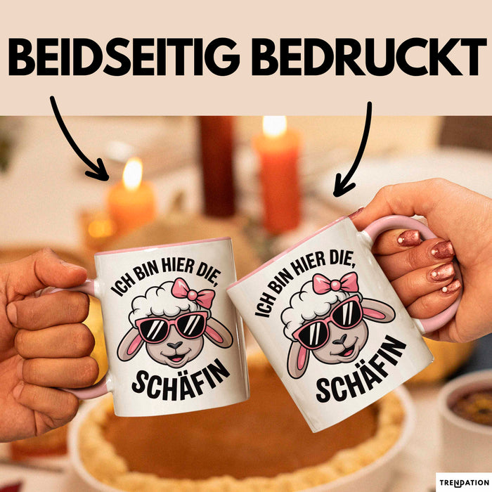 Schaf Tier Bauer Tasse Becher Geschenk Lustige Geschenkidee Spruch Ich Bin Hier Die Schäffin Rosa Trendation
