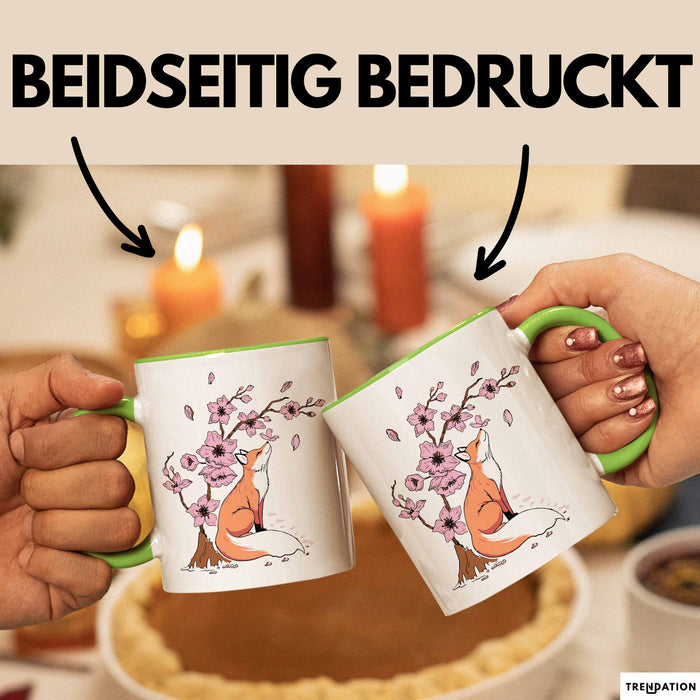 Fuchs Tasse Geschenk Fox Japanese Kirschblüte Blume Vintage Fuchs Kaffee-Becher Grün Trendation