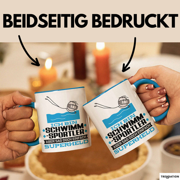 Schwimmsportler Geschenk Tasse Ich Bin Schwimmsportler Aber Sag Doch Einfach Superheld Lustige Geschenkdiee für Schwimmsportler Kaffee-Becher Blau Trendation
