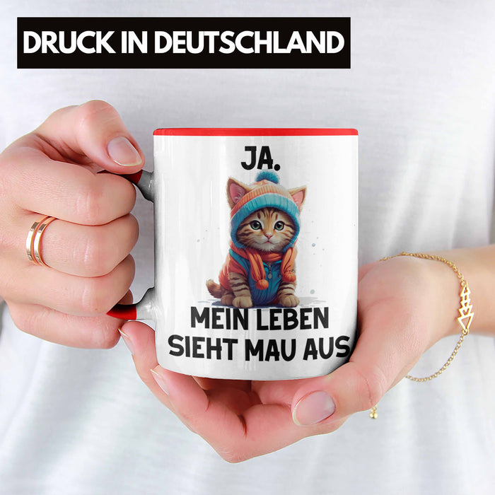 Dank Meme Tasse Katzen Besitzer Wortspiel Ja Mein Leben Sieht Mau Aus Traurige Katze Geschenkidee Süße Katze Rot Trendation