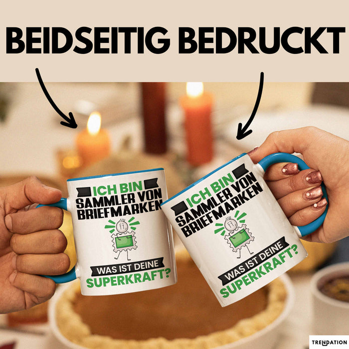 Sammler von Briefmarken Tasse Geschenk für Sammler von Briefmarken Geburtstag Lustiger Spruch Kaffee-Becher Was Ist Deine Superkraft Blau Trendation