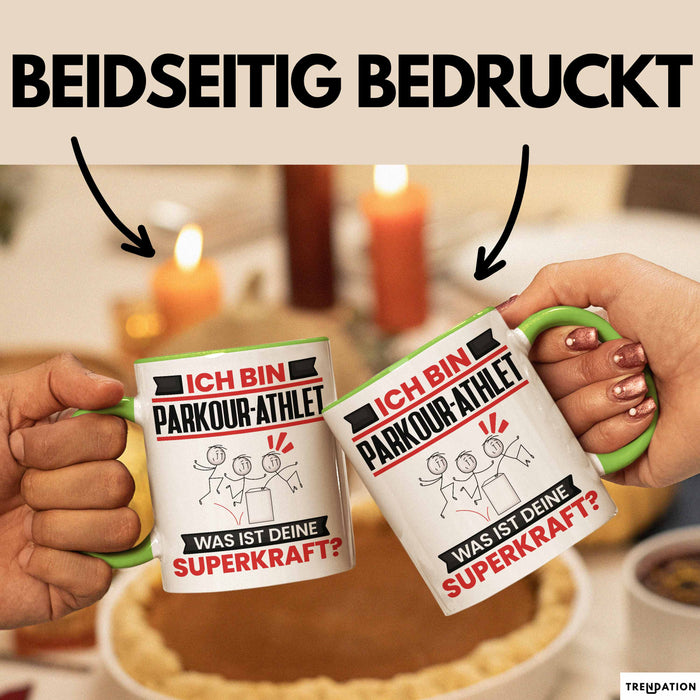 Parkour-Athlet Tasse Geschenk für Parkour-Athlet Geburtstag Lustiger Spruch Kaffee-Becher Was Ist Deine Superkraft Grün Trendation