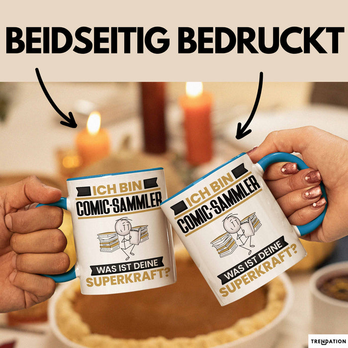 Comic-Sammler Tasse Geschenk für Comic-Sammler Geburtstag Lustiger Spruch Kaffee-Becher Was Ist Deine Superkraft Blau Trendation