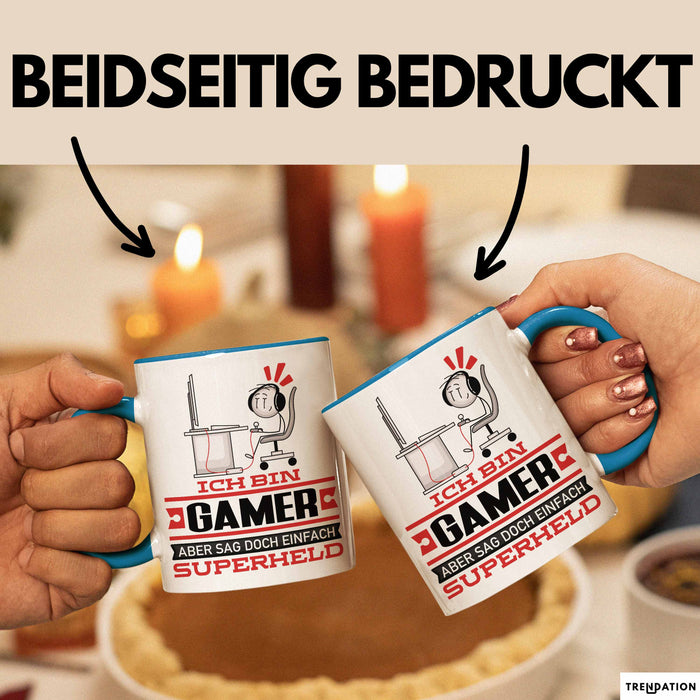 Gamer Geschenk Tasse Ich Bin Gamer Aber Sag Doch Einfach Superheld Lustige Geschenkdiee für Gamer Kaffee-Becher Blau Trendation