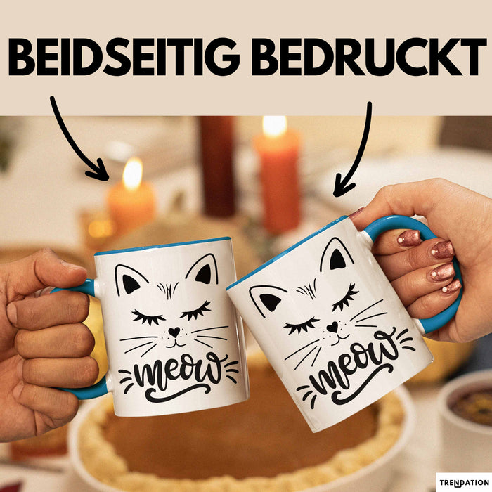 Katzen-Besitzerin Tasse Geschenk Meow Katze Geschenkidee Miau Katzen Mama Kaffee-Becher Blau Trendation