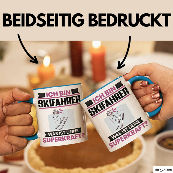 Skifahrer Tasse Geschenk für Skifahrer Geburtstag Lustiger Spruch Kaffee-Becher Was Ist Deine Superkraft Blau Trendation