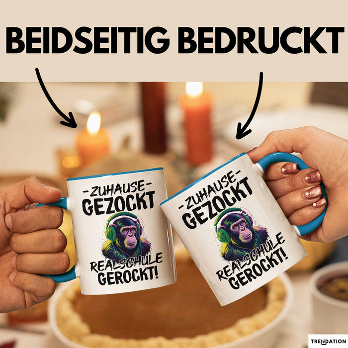 Realschule Bestanden Fachabitur Prüfung Zocker Tasse Geschenk Zuhause Gezockt Realschule Gerockt Kaffee-Becher Blau Trendation