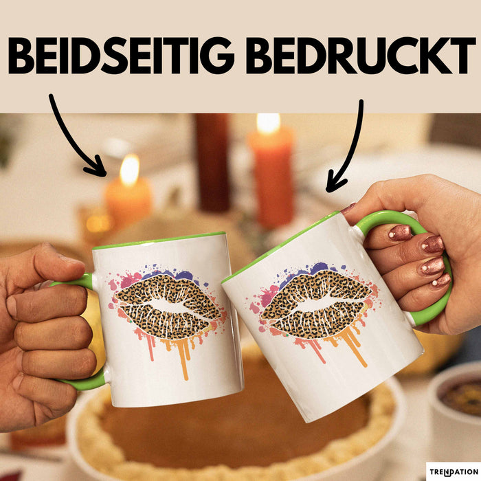 Leoparden Lippen Tasse Geschenk Cool Lips Kiss Leopardenmuster Kaffee-Tasse Geschenkidee Grün Trendation