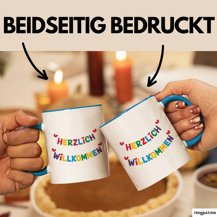 Willkommensparty Dekoration Tasse Geschenk Lustige Geschenkidee Spruch Herzlich Willkommen Blau Trendation