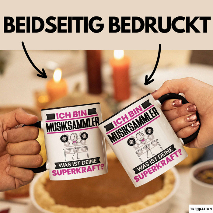 Musiksammler Tasse Geschenk für Musiksammler Geburtstag Lustiger Spruch Kaffee-Becher Was Ist Deine Superkraft Schwarz Trendation
