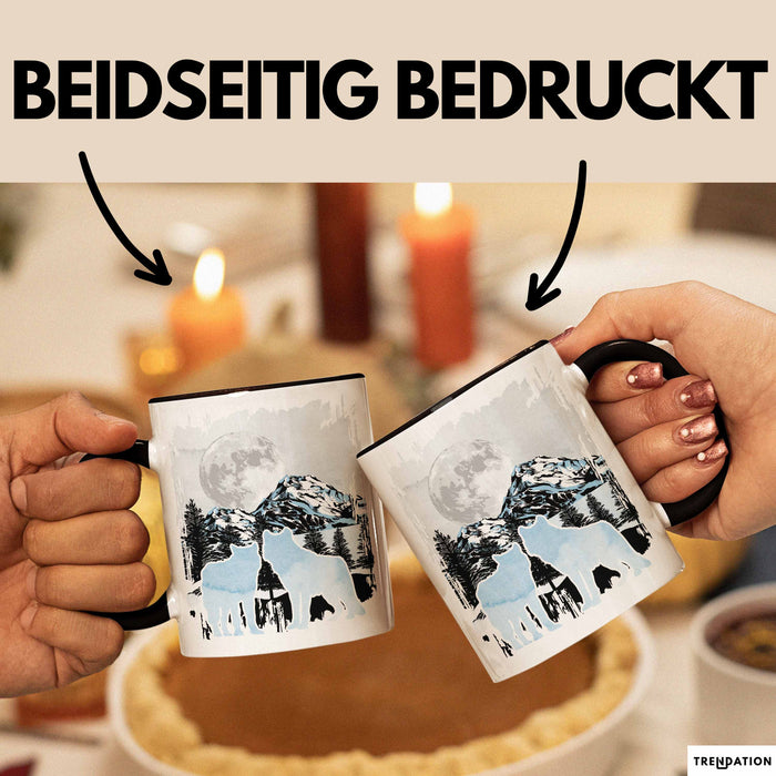Wolf Tasse Geschenk Silhouetten Berglandschaft Vollmond Geschenkidee Schwarz Trendation