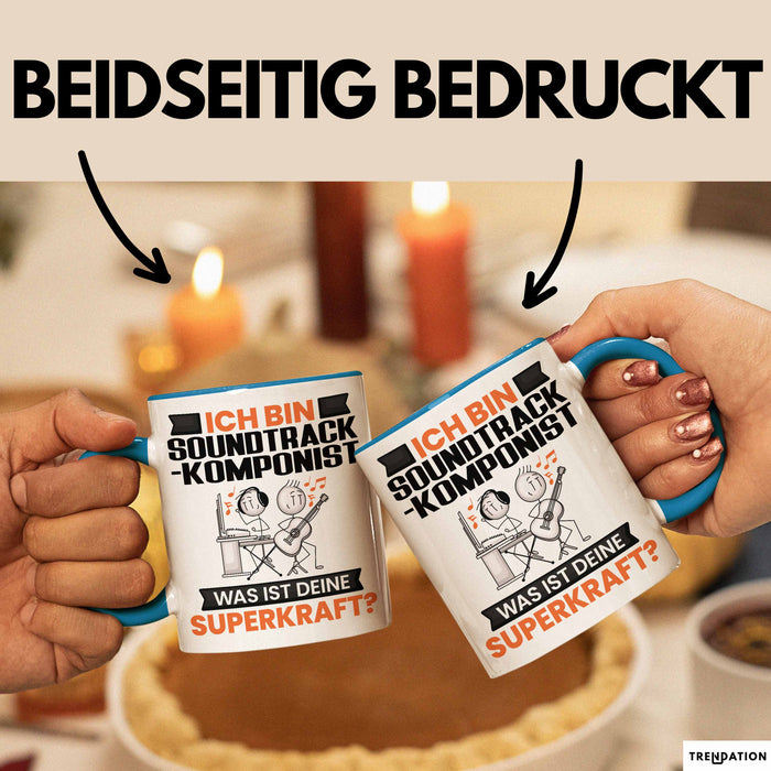 Soundtrack-Komponist Tasse Geschenk für Soundtrack-Komponist Geburtstag Lustiger Spruch Kaffee-Becher Was Ist Deine Superkraft Blau Trendation