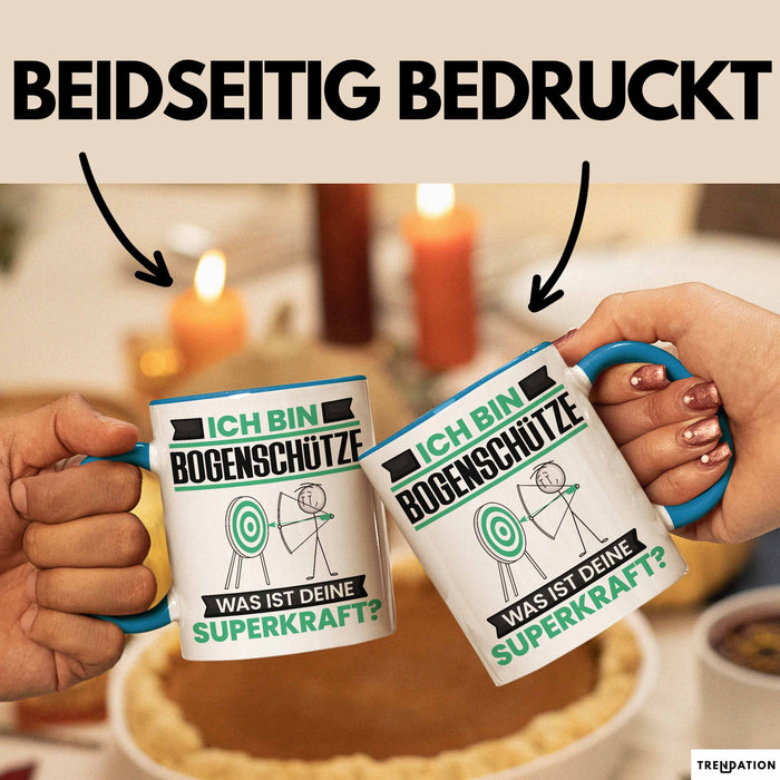 Bogenschütze Tasse Geschenk für Bogenschütze Geburtstag Lustiger Spruch Kaffee-Becher Was Ist Deine Superkraft Blau Trendation