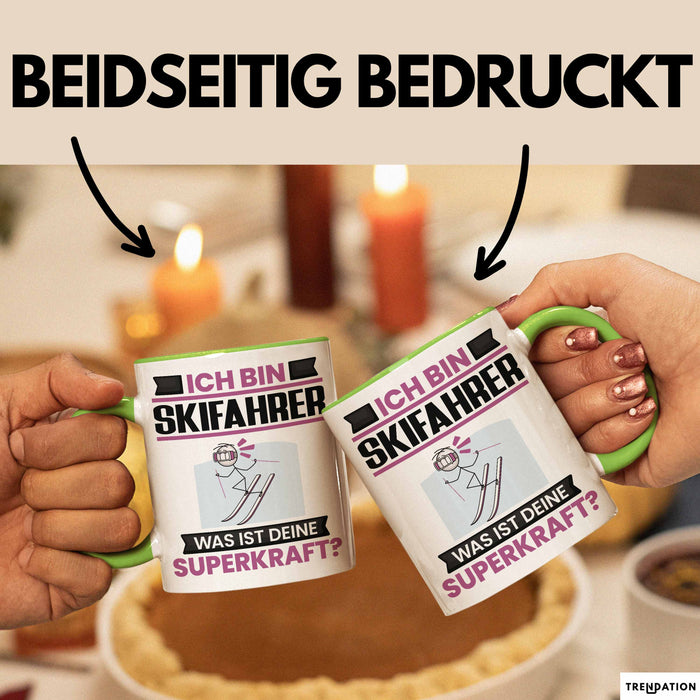 Skifahrer Tasse Geschenk für Skifahrer Geburtstag Lustiger Spruch Kaffee-Becher Was Ist Deine Superkraft Grün Trendation