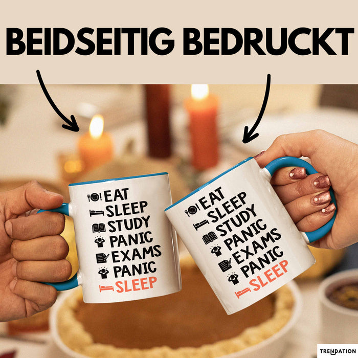 Medizinstudent Arzt Tasse Geschenk Lustige Geschenkidee Spruch Essen Schlafen Lernen Panik Prüfungen Panik Schlafen Blau Trendation