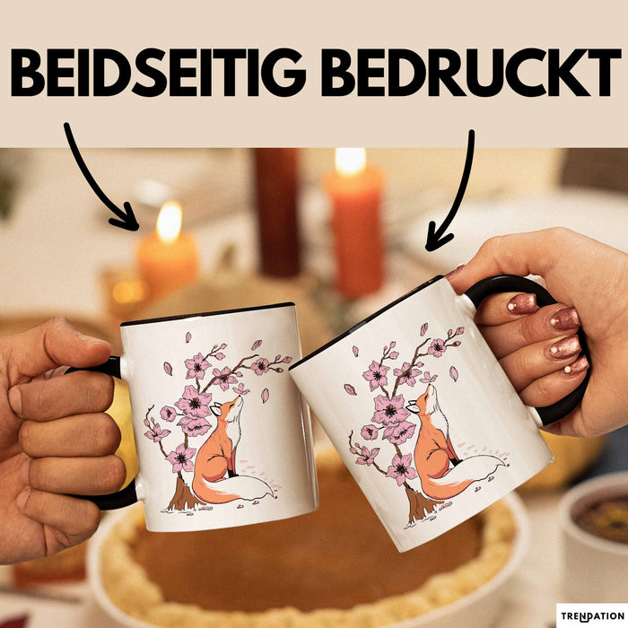 Fuchs Tasse Geschenk Fox Japanese Kirschblüte Blume Vintage Fuchs Kaffee-Becher Schwarz Trendation