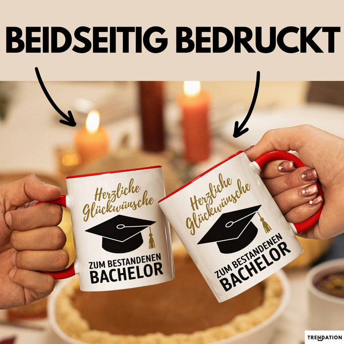 Schüler Abschluss Tasse Geschenk Lustige Geschenkidee Spruch Herzliche Glückwünsche Zum Bestandenen Bachelor Rot Trendation
