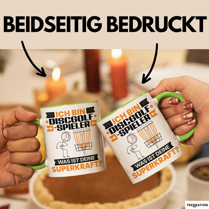 Discgolf-Spieler Tasse Geschenk für Discgolf-Spieler Geburtstag Lustiger Spruch Kaffee-Becher Was Ist Deine Superkraft Grün Trendation