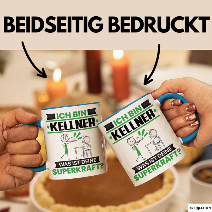 Kellner Tasse Geschenk für Kellner Geburtstag Lustiger Spruch Kaffee-Becher Was Ist Deine Superkraft Blau Trendation
