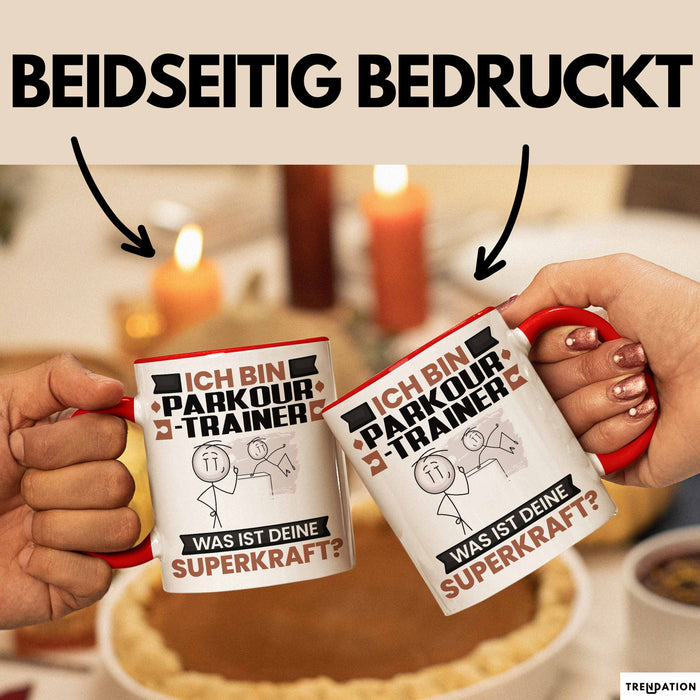 Parkour-Trainer Tasse Geschenk für Parkour-Trainer Geburtstag Lustiger Spruch Kaffee-Becher Was Ist Deine Superkraft Rot Trendation
