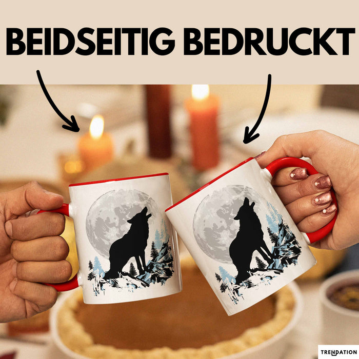Wolf Tasse Geschenk Heulender Wolf Vollmond Grafik Geschenkidee Rot Trendation