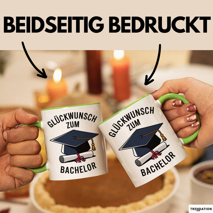 Schüler Abschluss Tasse Geschenk Lustige Geschenkidee Spruch Glückwunsch Zum Bachelor Grün Trendation