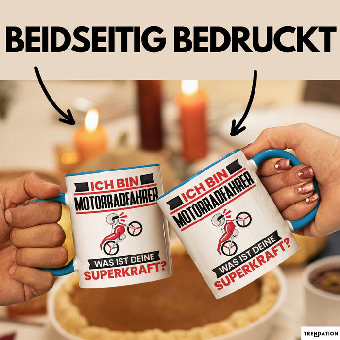 Motorradfahrer Tasse Geschenk für Motorradfahrer Geburtstag Lustiger Spruch Kaffee-Becher Was Ist Deine Superkraft Blau Trendation