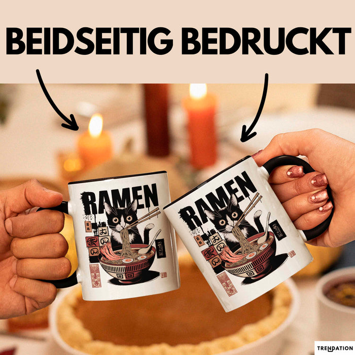 Katzen Tierliebhaber Tasse Geschenk Lustige Geschenkidee Spruch Katze Isst Ramen Nudeln Schwarz Trendation