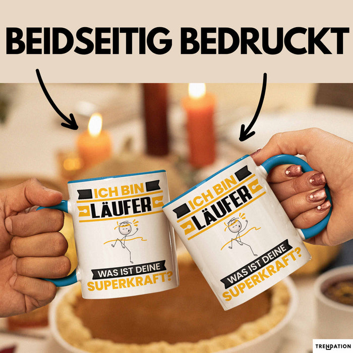 Läufer Tasse Geschenk für Läufer Geburtstag Lustiger Spruch Kaffee-Becher Was Ist Deine Superkraft Blau Trendation