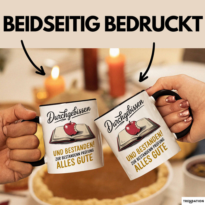 Schüler Abschluss Tasse Geschenk Lustige Geschenkidee Spruch Durchgebissen Und Bestanden Trendation