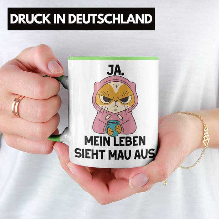 Dank Meme Tasse Katzen Besitzer Wortspiel Ja Mein Leben Sieht Mau Aus Traurige Katze Geschenkidee Saure Katze Astronaut Grün Trendation