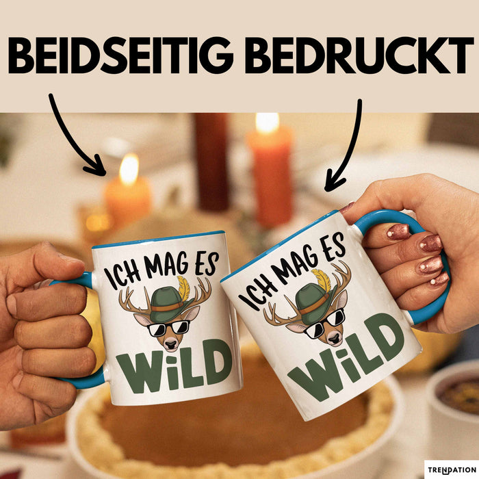 Hirschjäger Jagd Tasse Geschenk Ich mag’s wild Spruch Blau Trendation
