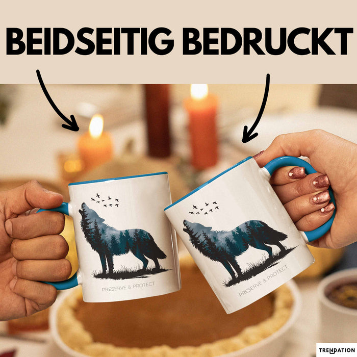Klimaschutz Tasse Geschenk Erhalten Schützen Wolf Tiermotiv Blau Trendation