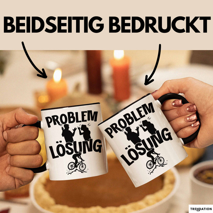 Mountainbike Tasse Geschenk für Mountainbiker Männer Geschenkidee Problem und Lösung Mountainbike Berge MTB Schwarz Trendation