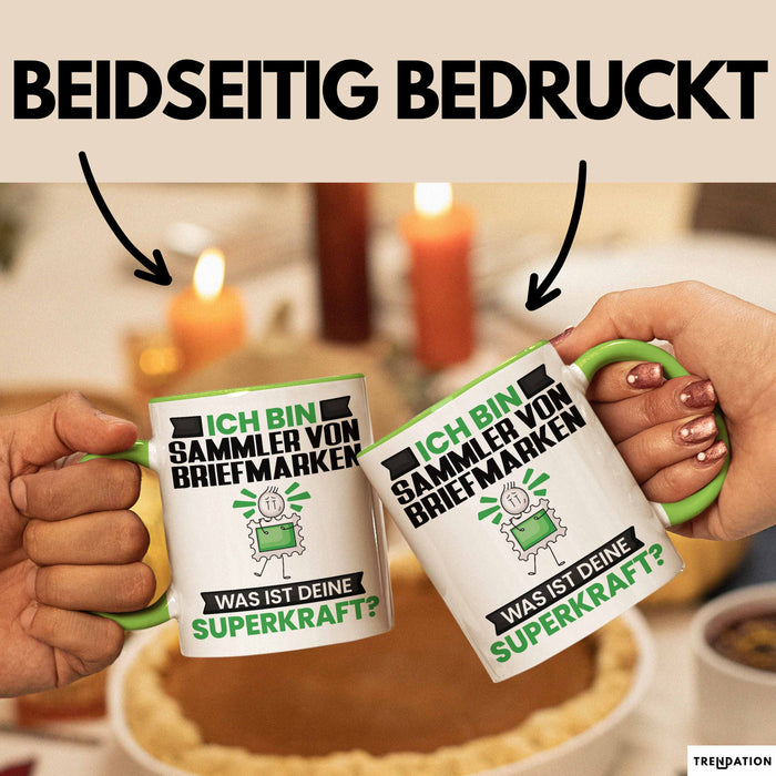 Sammler von Briefmarken Tasse Geschenk für Sammler von Briefmarken Geburtstag Lustiger Spruch Kaffee-Becher Was Ist Deine Superkraft Grün Trendation