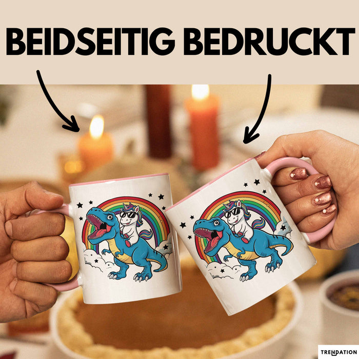 Einhorn Liebhaber Tasse Geschenk Einhorn Reitet Auf Dinosauriere T-Rex Dino Frauen Geschenk Rosa Trendation