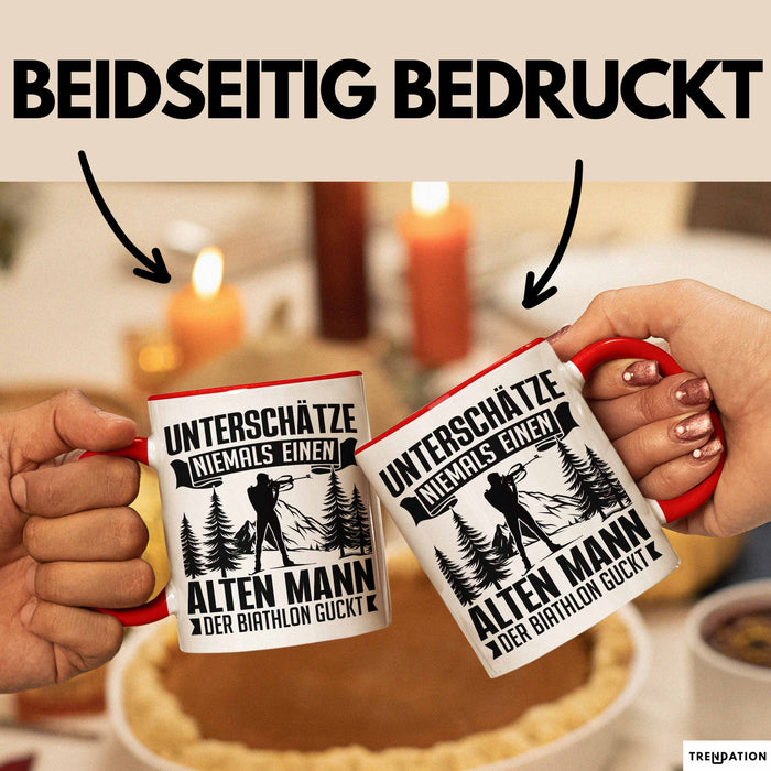 Biathlon Tasse Geschenk Wintersport Geschenke Unterschätze Niemals Einen Alten Mann Der Biathlon Guckt Rot Trendation