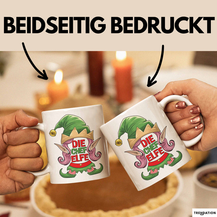 Chefin Tasse Geschenk Die Chef Elfe Geschenkidee Zu Weihnachten Für Chefin Kaffee-Becher Weiß Trendation