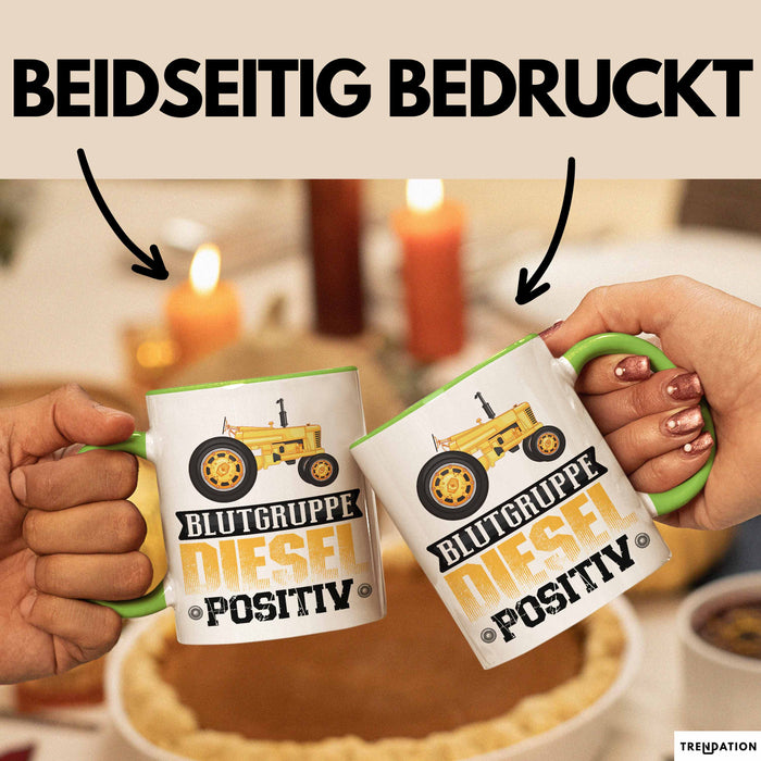 Auto Tasse Geschenk Blutgruppe Positiv Traktor Spruch Geschenkidee bagger Grün Trendation