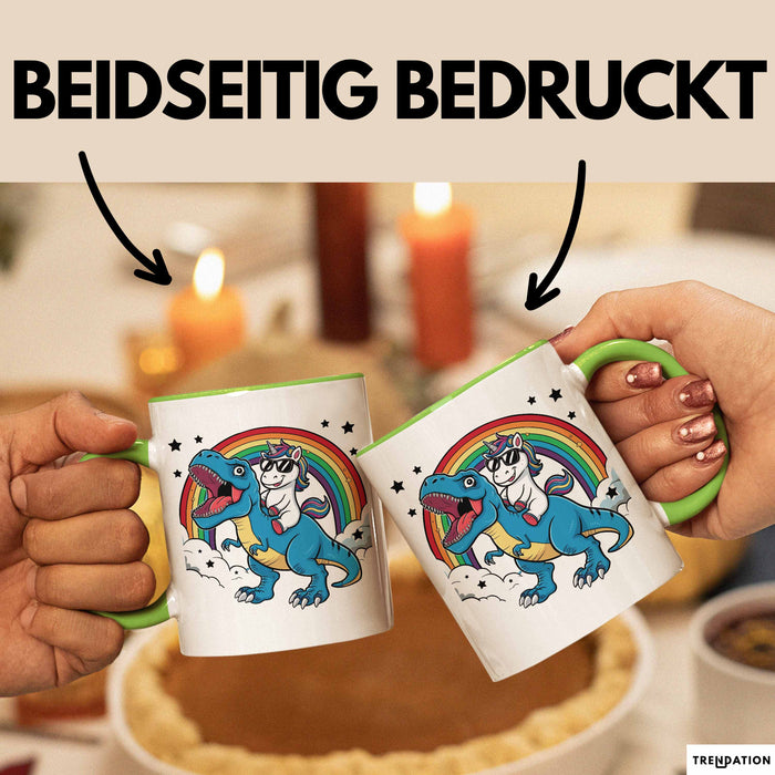 Einhorn Liebhaber Tasse Geschenk Einhorn Reitet Auf Dinosauriere T-Rex Dino Frauen Geschenk Grün Trendation