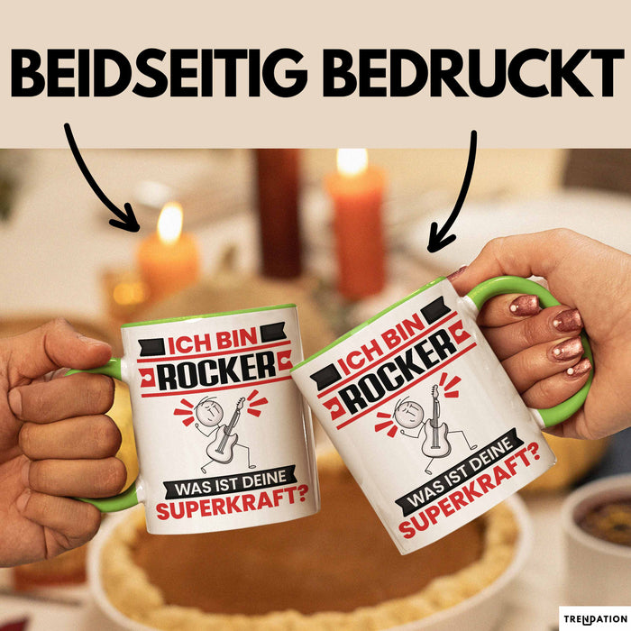 Rocker Tasse Geschenk für Rocker Geburtstag Lustiger Spruch Kaffee-Becher Was Ist Deine Superkraft Grün Trendation