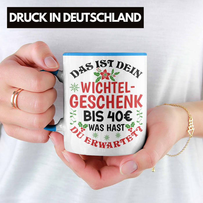 Wichtelgeschenk für 40 Euro Tasse Wichteln für Frauen Kollegen Wichtel-Tasse Schrott-Wichteln Schrottwichteln Blau Trendation