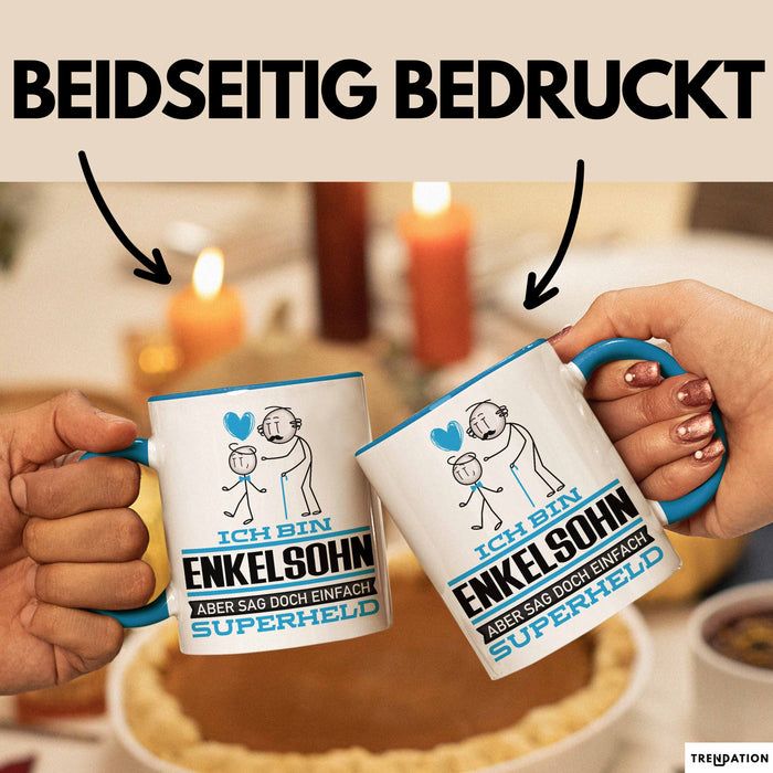 Enkelsohn Geschenk Tasse Ich Bin Enkelsohn Aber Sag Doch Einfach Superheld Lustige Geschenkdiee für Enkelsohn Kaffee-Becher Blau Trendation