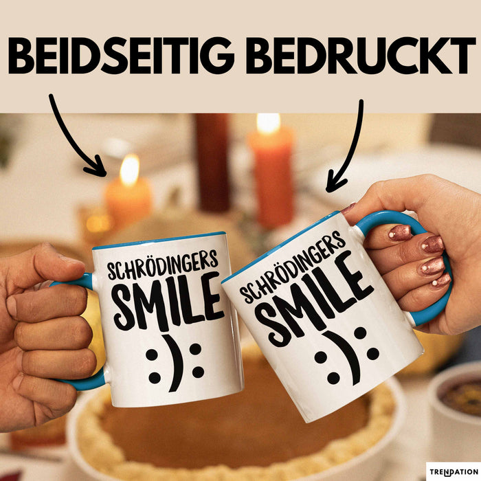 Physiklehrer Unterricht Tasse Geschenk Lustige Geschenkidee Spruch Schrödingers Smile Blau Trendation