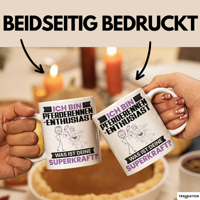 Pferderennen-Enthusiast Tasse Geschenk für Pferderennen-Enthusiast Geburtstag Lustiger Spruch Kaffee-Becher Was Ist Deine Superkraft Weiß Trendation