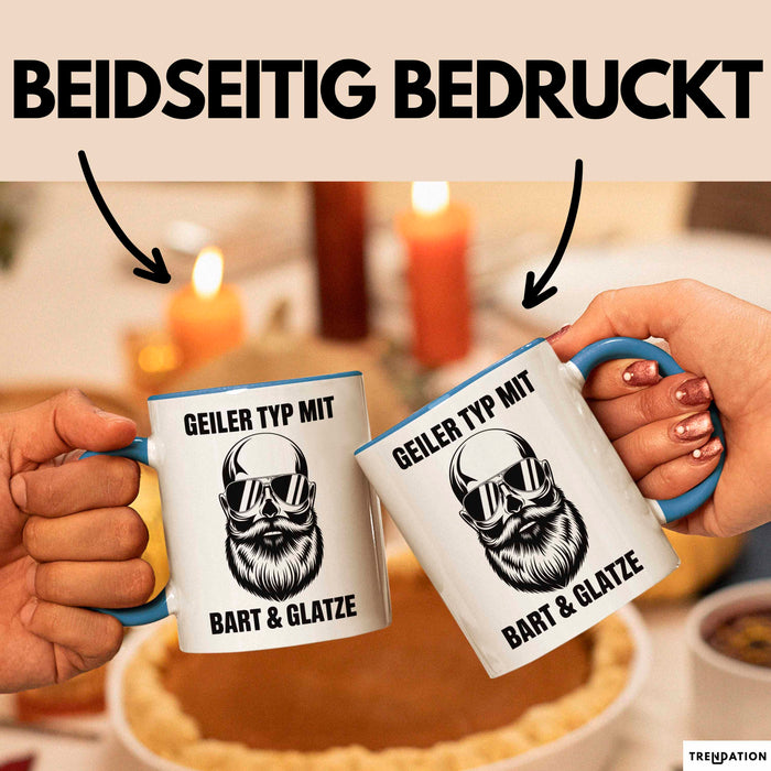 Glatzköpfige Männer Tasse Geschenk Lustige Geschenkidee Geiler Typ Mit Bart Und Glatze Blau Trendation