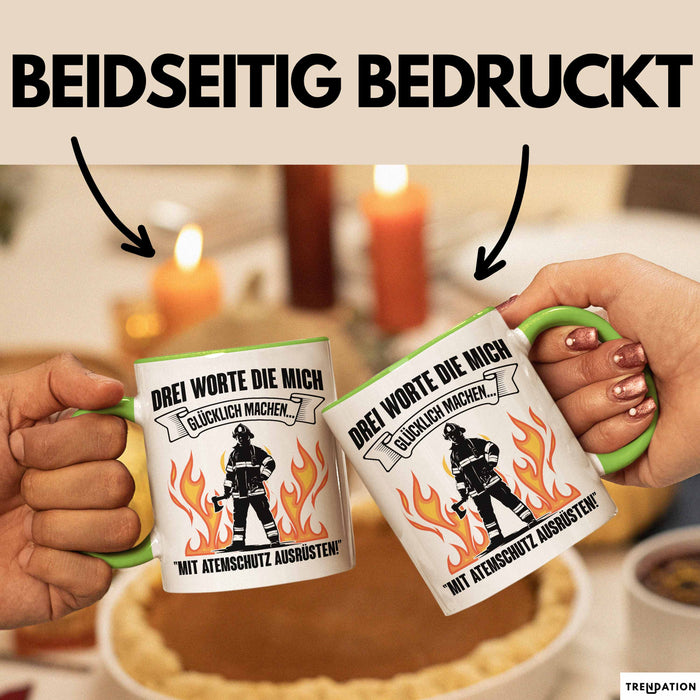 Feuerwehrmann Tasse Geschenk 3 Worte Die Mich Glücklich Machen Mit Atemschutz Ausrüsten Grün Trendation