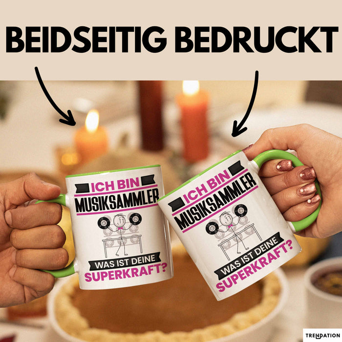 Musiksammler Tasse Geschenk für Musiksammler Geburtstag Lustiger Spruch Kaffee-Becher Was Ist Deine Superkraft Grün Trendation