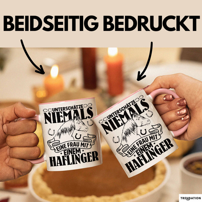 Haflinger Tasse Geschenk Haflinger-Besitzerin Pferde Kaffeetasse Geschenkidee Spruch Reiterin Reiten Pferde Kaffee-Becher Rosa Trendation