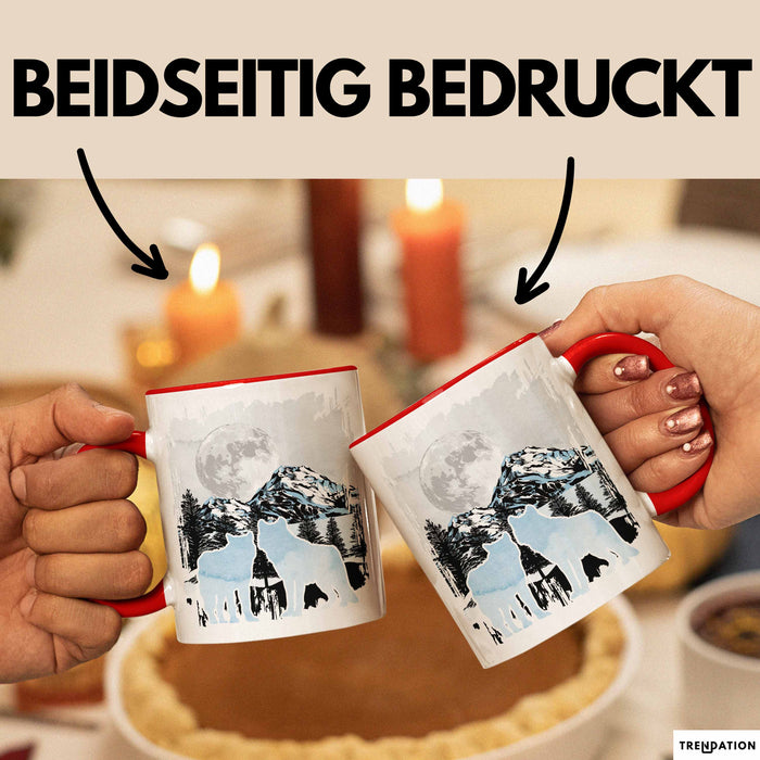 Wolf Tasse Geschenk Silhouetten Berglandschaft Vollmond Geschenkidee Rot Trendation